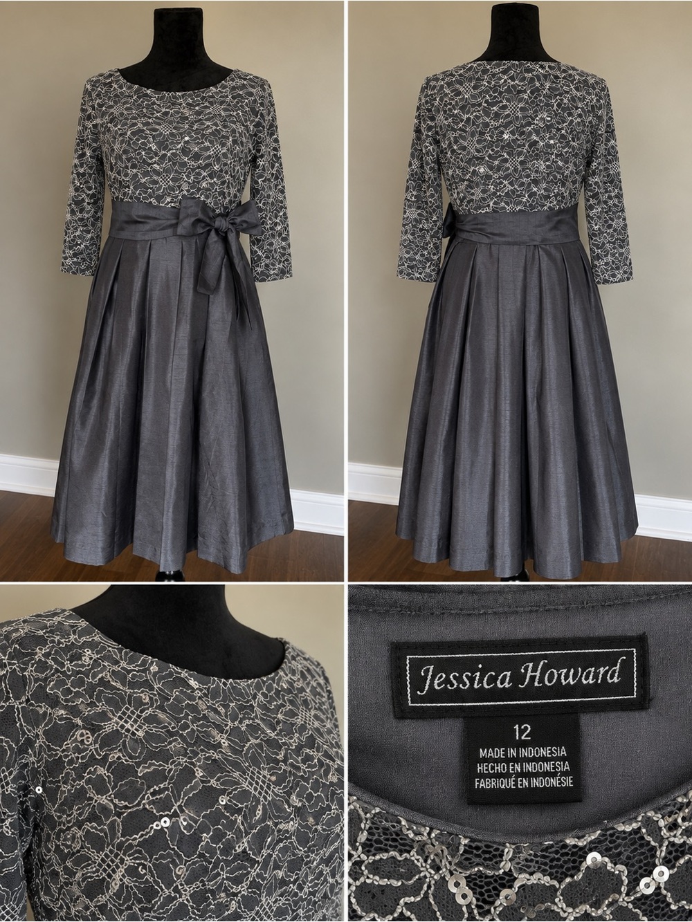 Jessica Howard Charcoal Gray Lace & Taffeta Midi Dress Sz 12